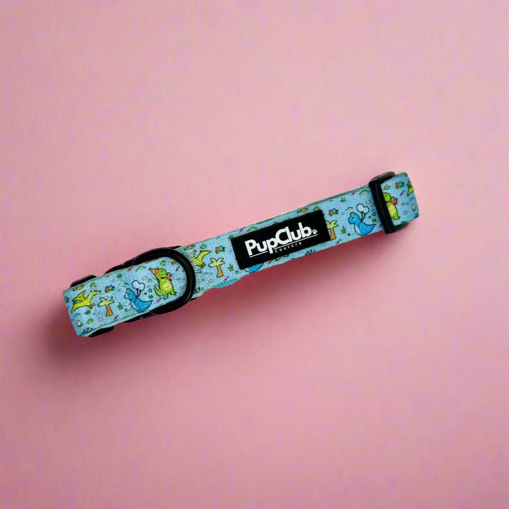Jurassic Party pet collar, turquoise with dinosaur icons and black buckle