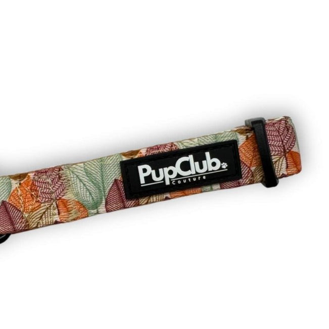 Patterned fabric dog collar with PupClub logo tag and buckle