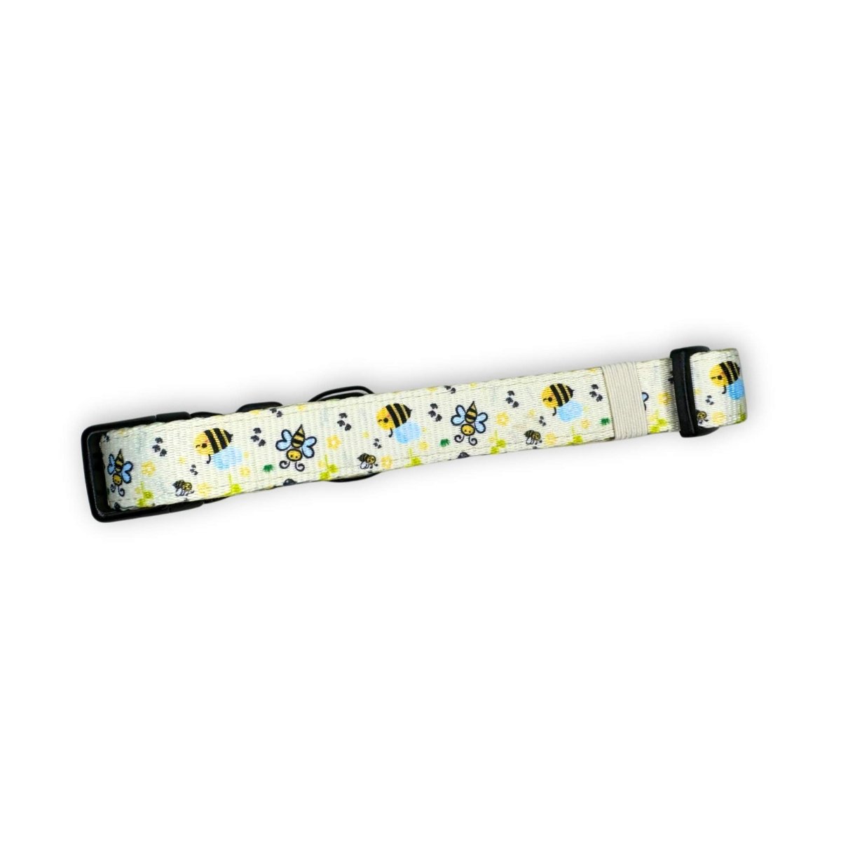 Pet collar with light fabric bee and flower pattern and black buckle