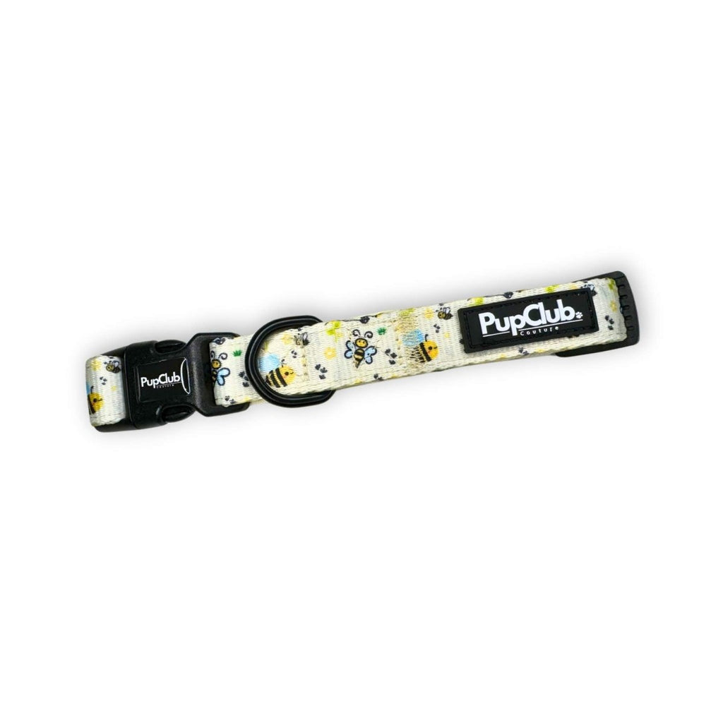 Pet collar with bee and flower pattern, black buckle, PupClub woven label