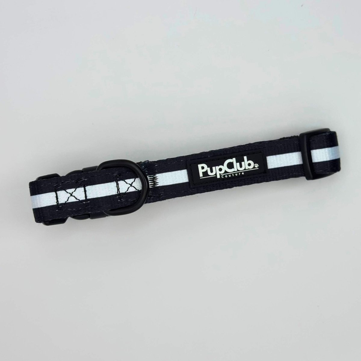 Midnight black dog collar with padded D-ring and PupClub logo patch