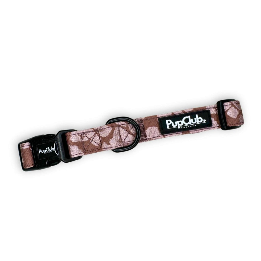 Luxe dog collar in mocha petal pattern with black buckle and PupClub label