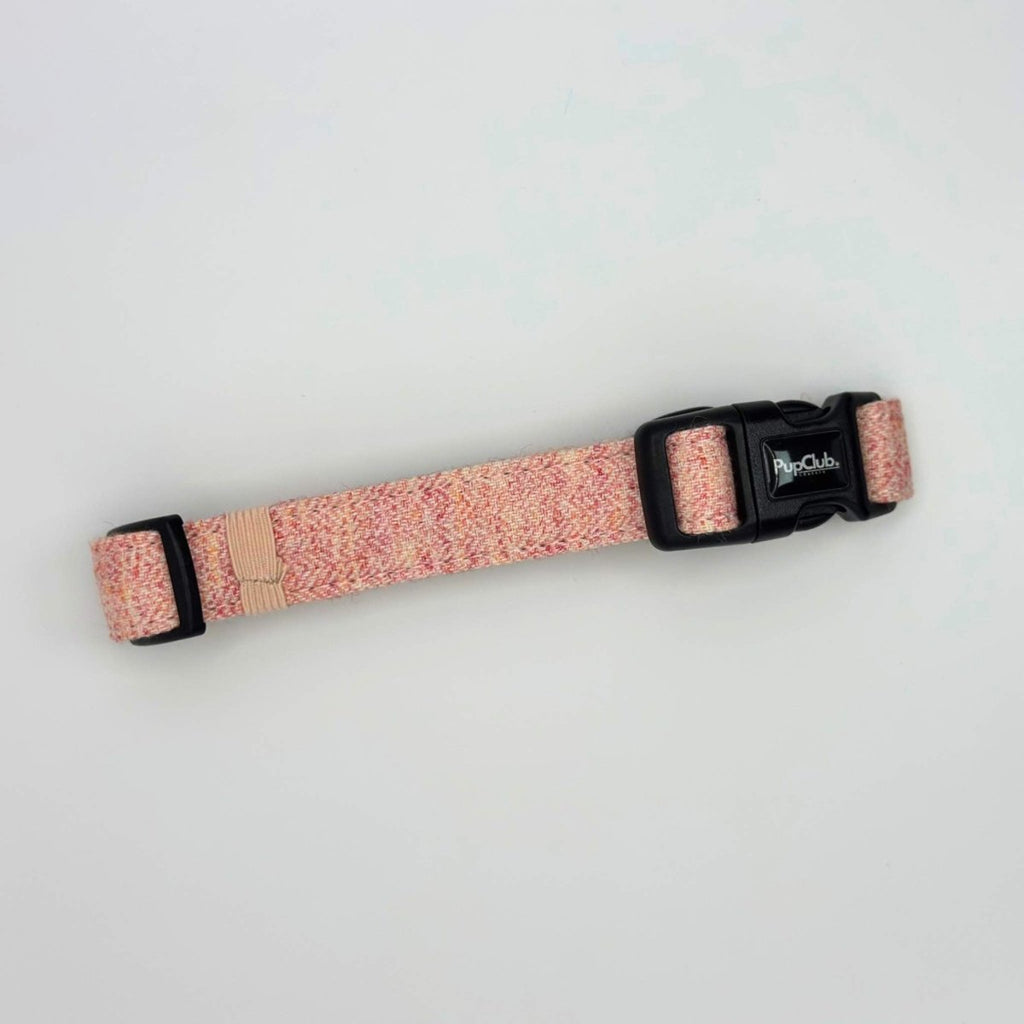 Dog collar tweed pink with black buckle, keeper and PupClub logo tag