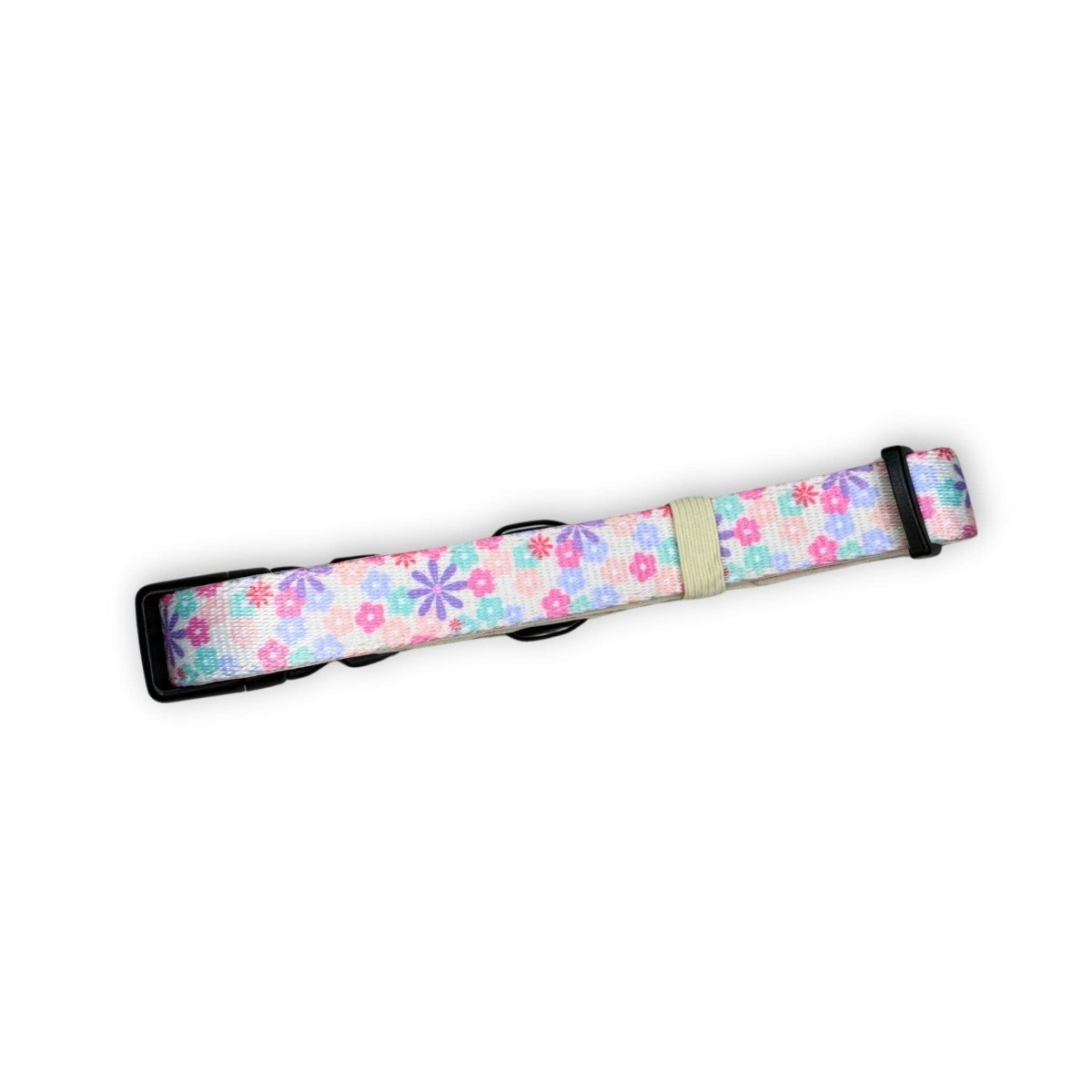 Dog collar floral strap in pink and blue with black buckle and adjustment tab
