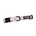 Dog collar with pink and blue floral strap, black buckle and D-ring, PupCube label