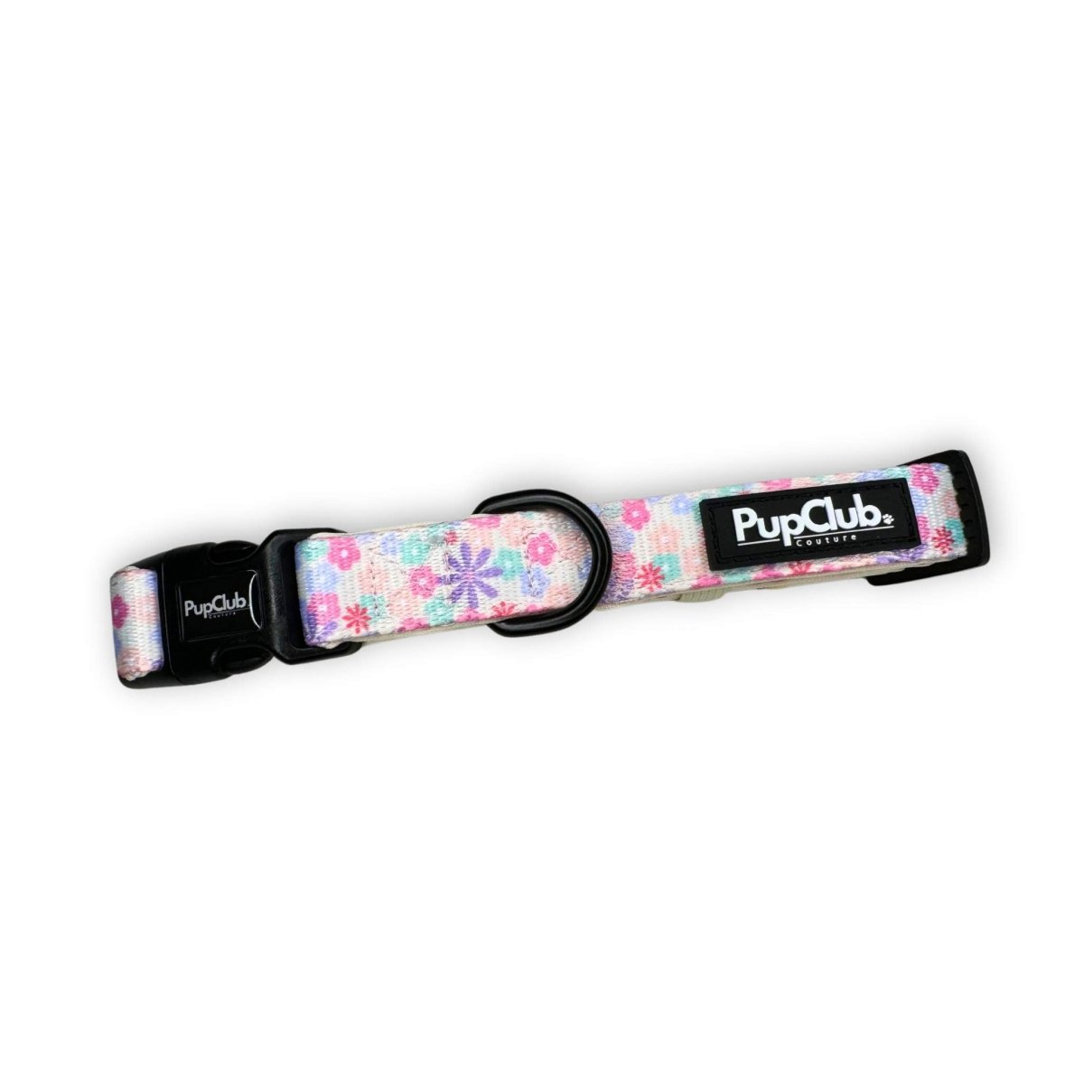 Dog collar with pink and blue floral strap, black buckle and D-ring, PupCube label
