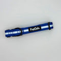 Royal blue dog collar with black buckle and PupCulo logo strap