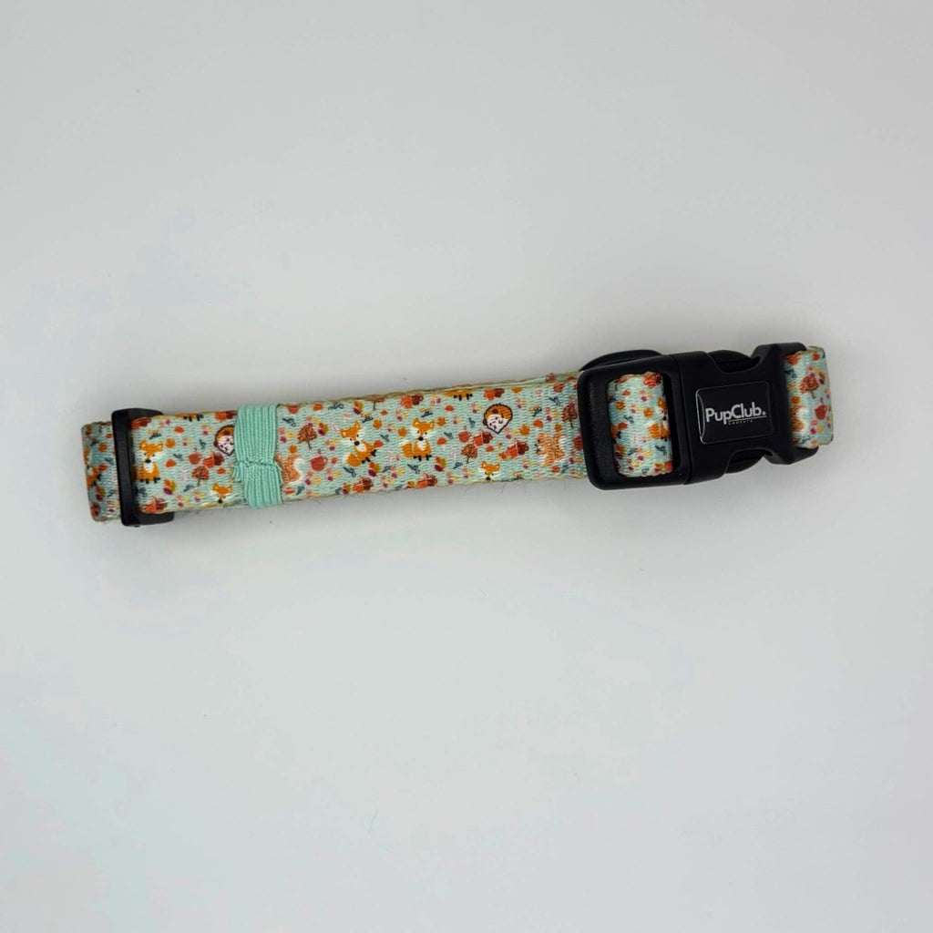 Dog collar with woodland friends pattern, teal strap detail and black buckle