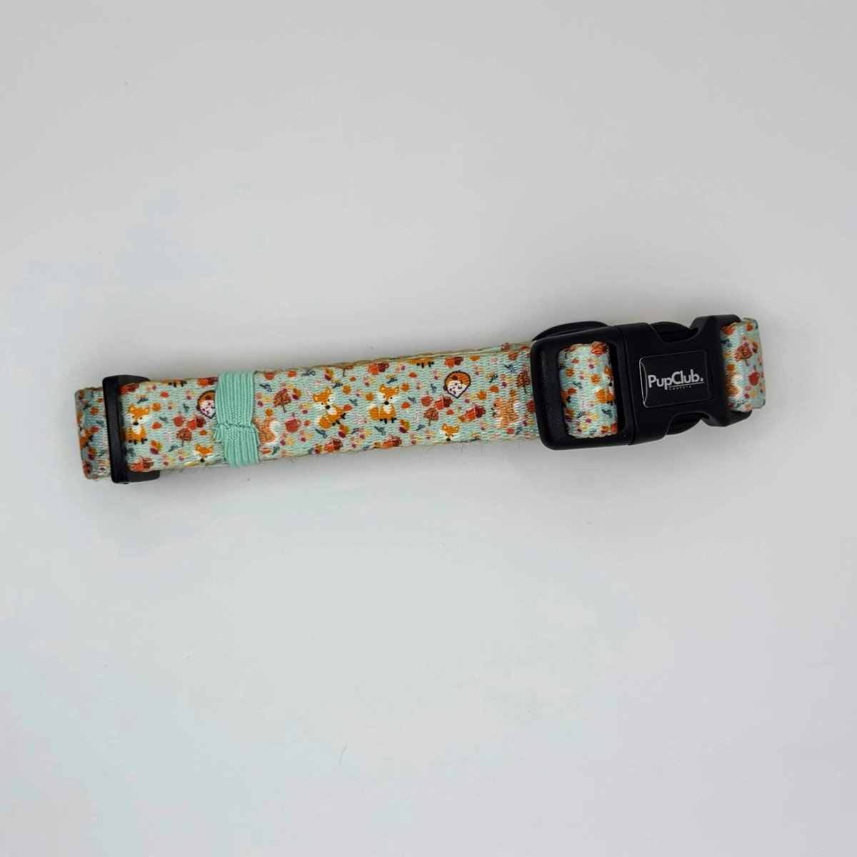 Dog collar with woodland friends pattern, teal strap detail and black buckle
