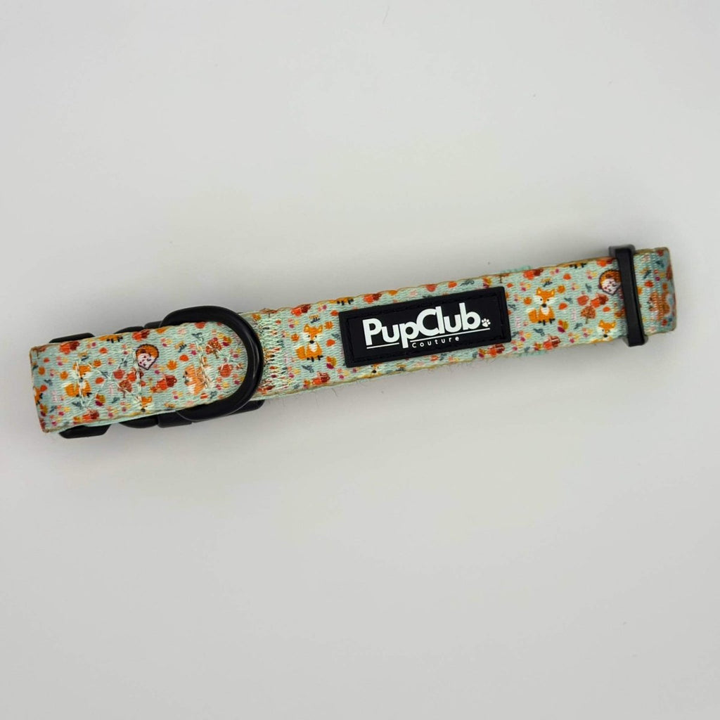 Dog collar with woodland friends pattern, black buckle and PuppClub logo