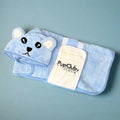 Blue pet drying robe with animal-ear hood and front towel pouch