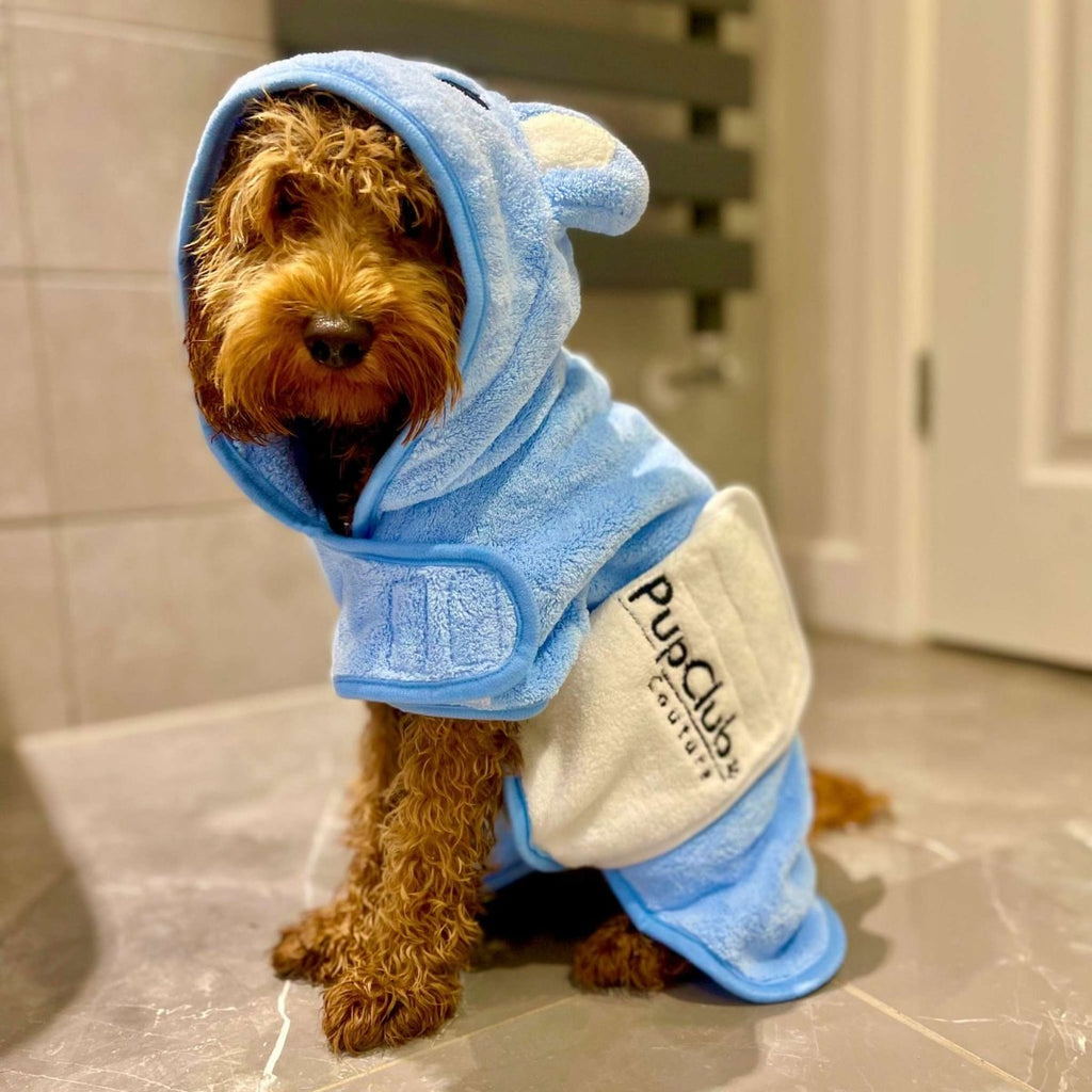 Blue pet drying robe with bear-ear hood and white PupClub Nature patch