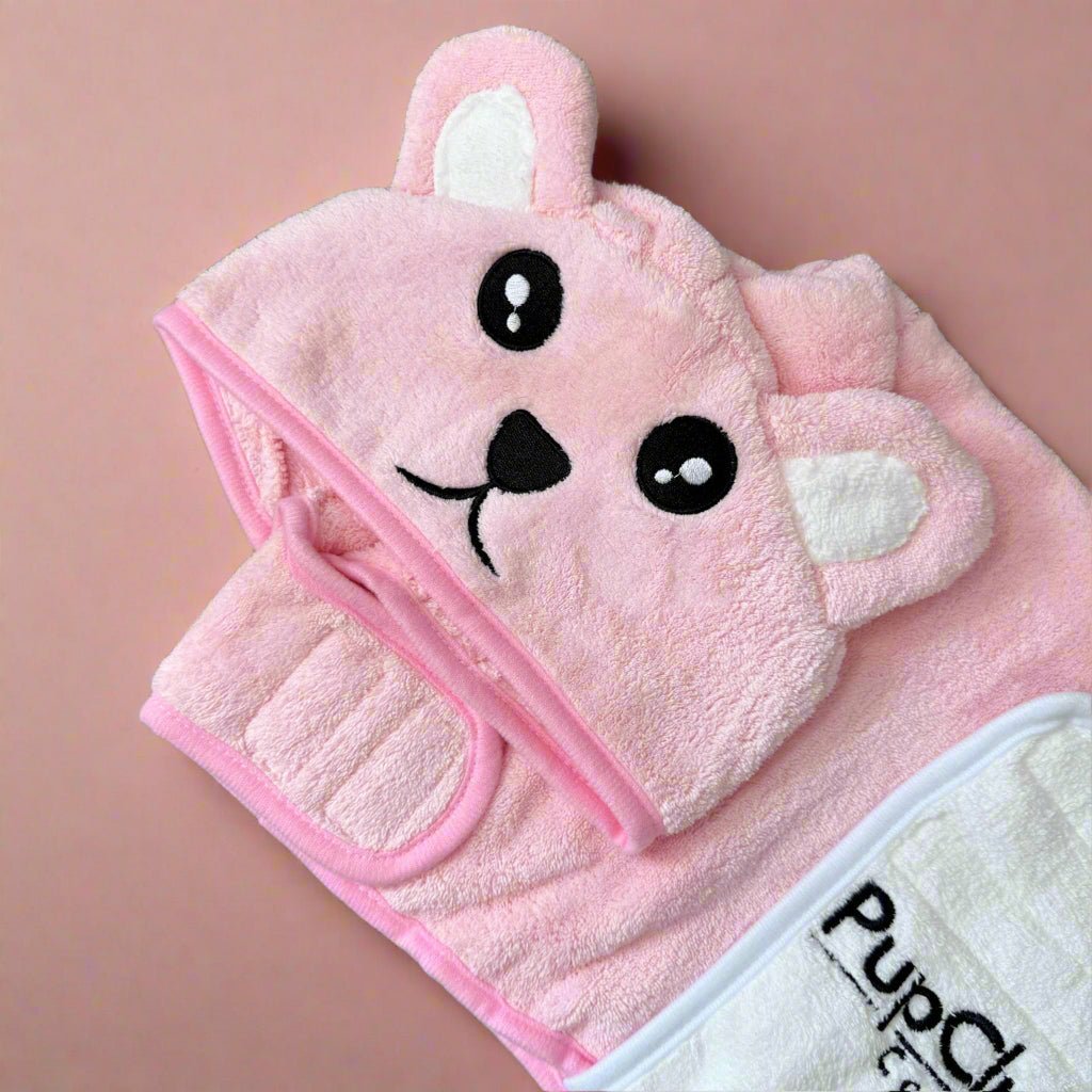 Pink animal-face hooded drying robe with striped trim and PupClub logo patch