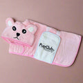 Pink hooded drying robe with animal face hood and front pocket; PupClub patch