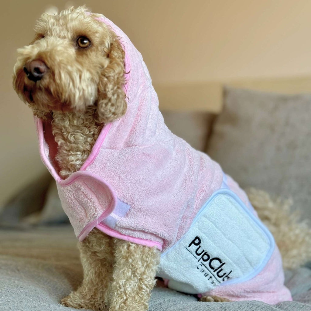 Pink hooded drying robe on dog, with animal ears and PupClub logo patch