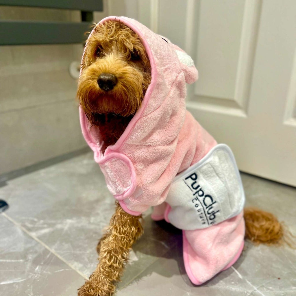 Pink hooded drying robe with PupClub logo patch and front pocket flap