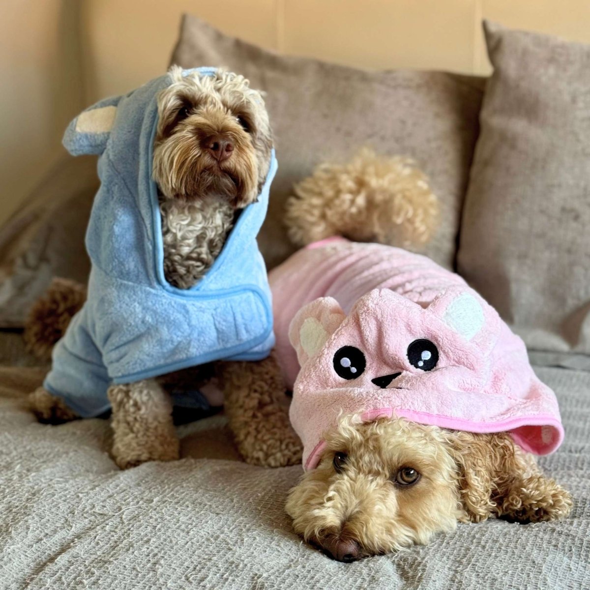 Pink hooded drying robe with cute animal face on the hood and front pocket