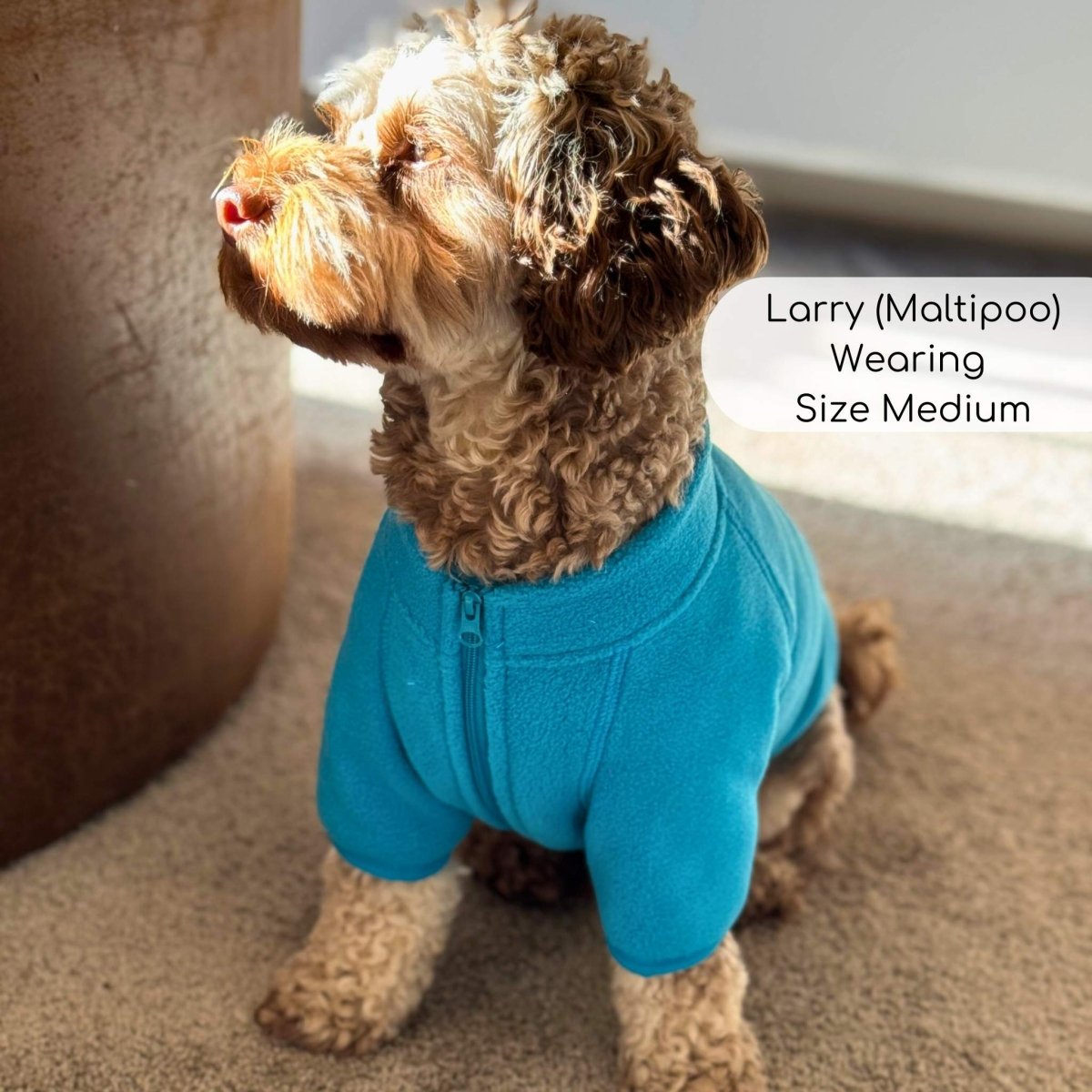 Dog fleece coat, teal-blue fleece with front zipper