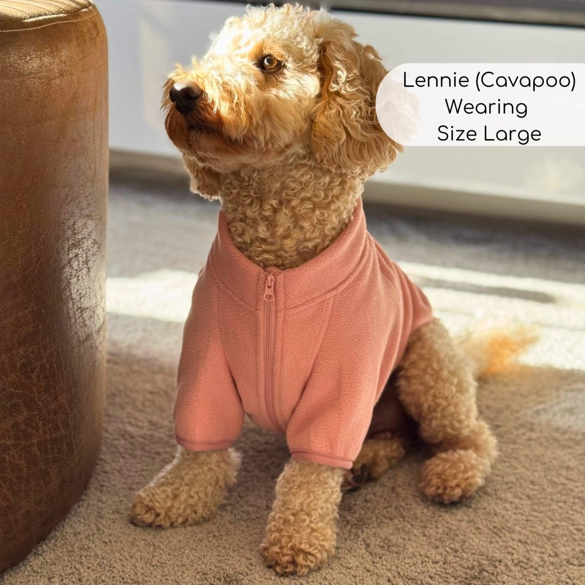 Dog fleece coat, pale pink, zip-front design with stand collar