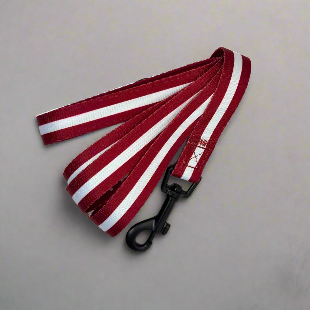 Berry red and white striped ribbon with black clips