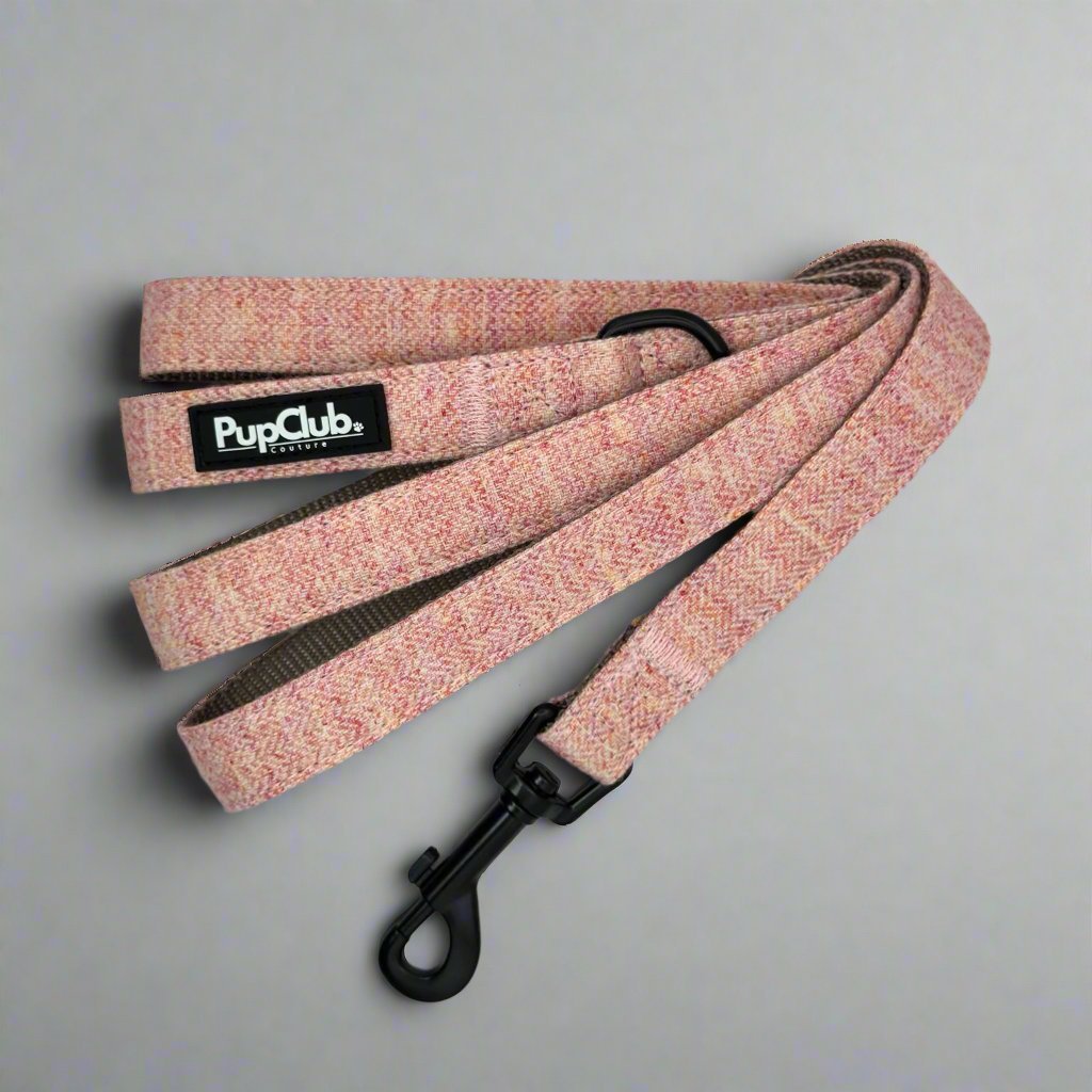 Pink tweed dog lead with black webbing and clip, PupClub Couture label