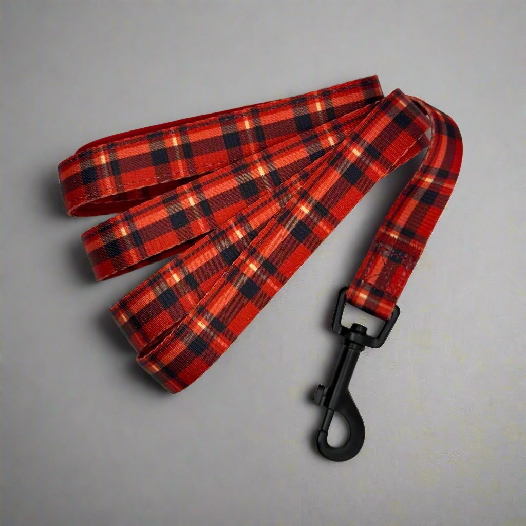 Red tartan dog leash with black clasp and attached handle loop