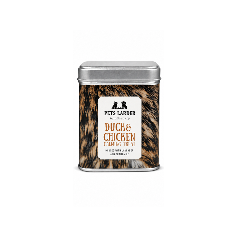 PETS LARDER duck and chicken calming treat metal tin with flip-top lid