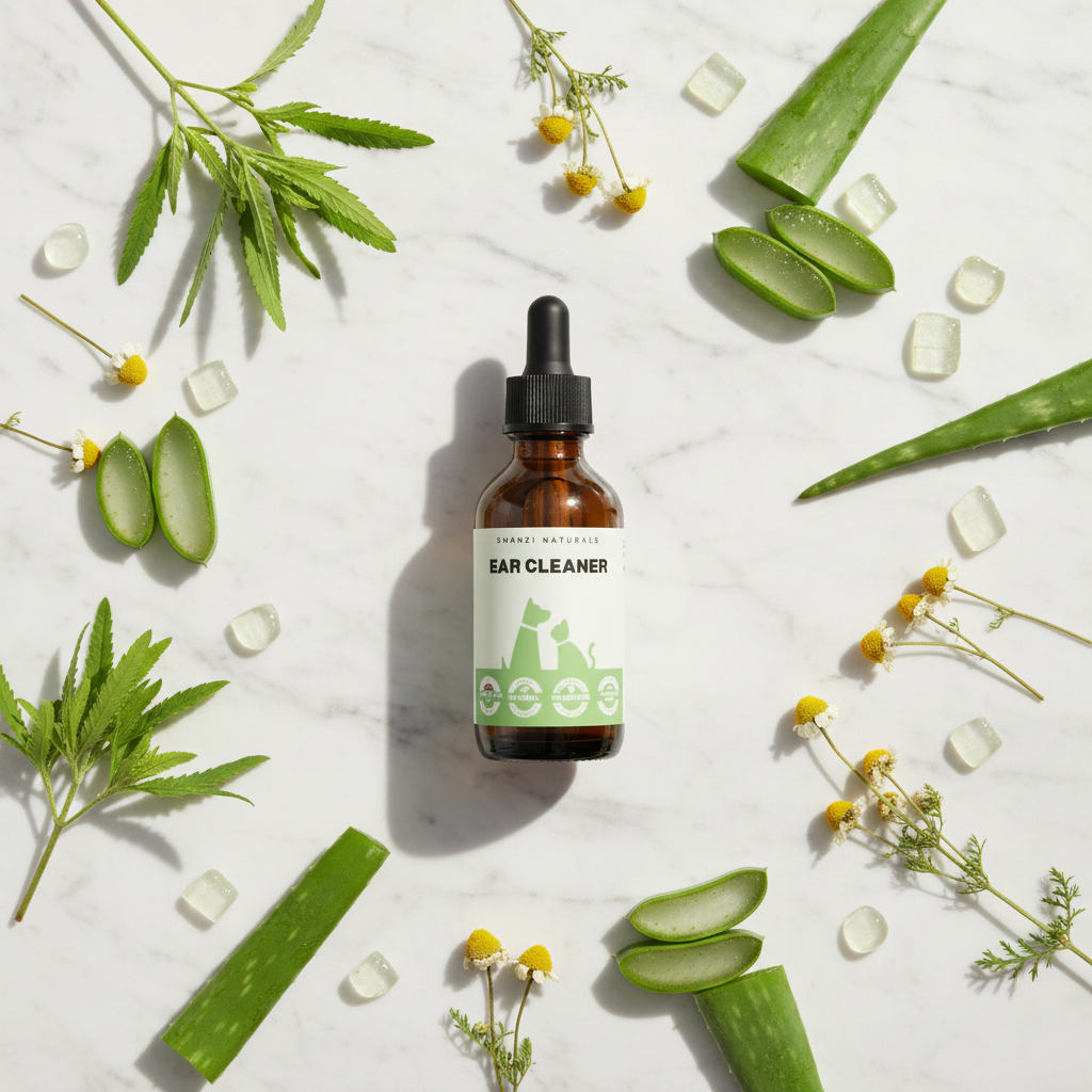 Pet ear cleaner bottle with black dropper on white surface, herbs and aloe around