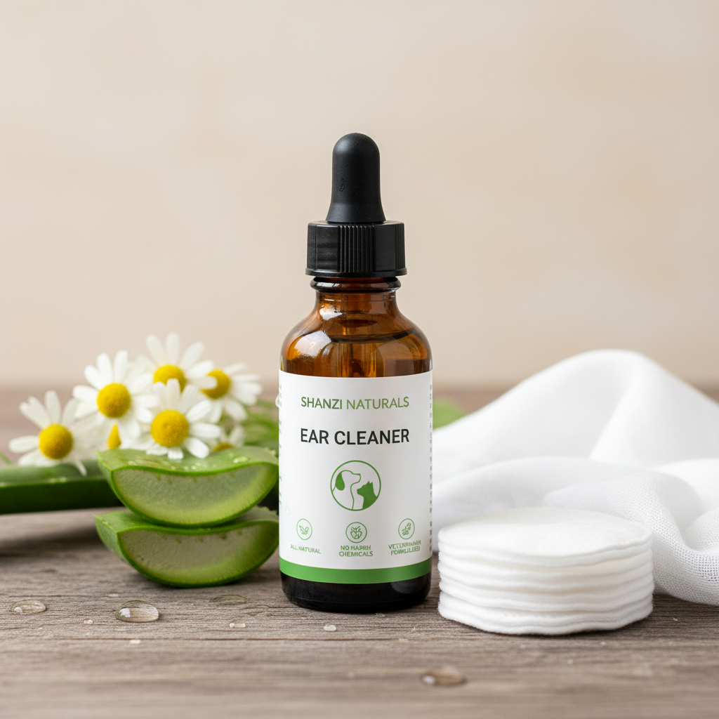 Pet ear cleaner bottle with amber liquid and black dropper, with aloe slices and cotton