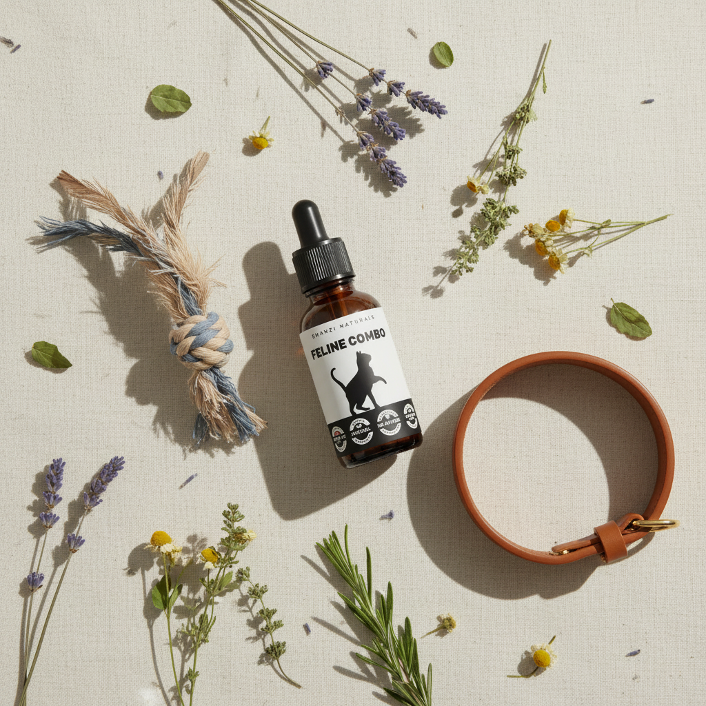 Cat wellness dropper bottle with amber liquid, surrounded by dried herbs and leather collar