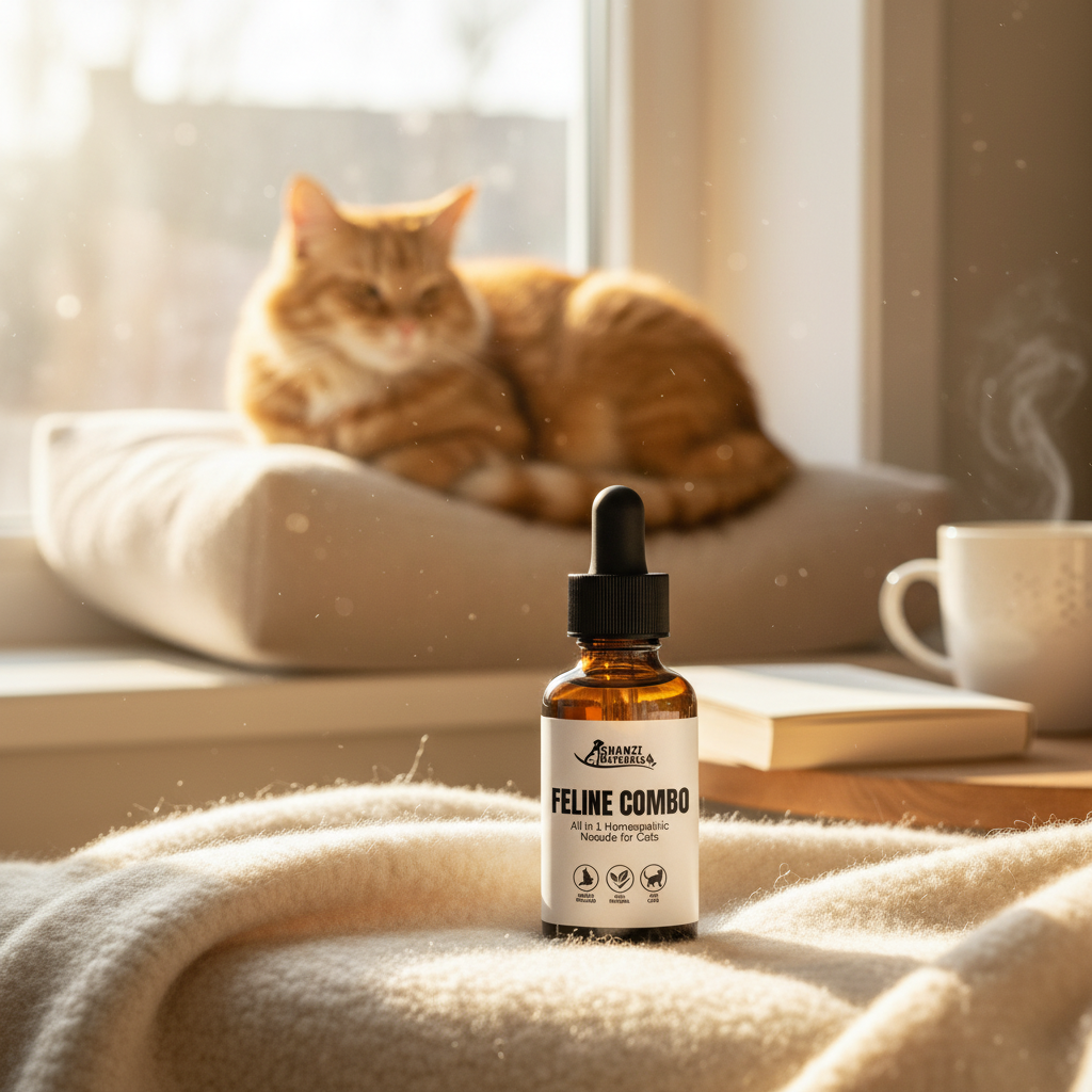 Homeopathic cat nosode dropper bottle on soft blanket, amber glass and black cap