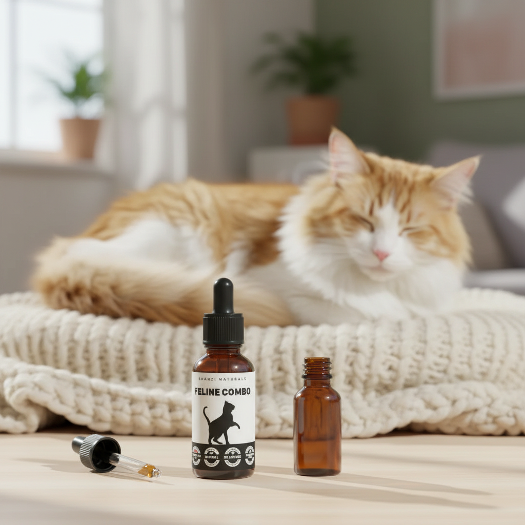 Cat wellness dropper bottle with amber liquid on a blanket, with small amber bottle nearby