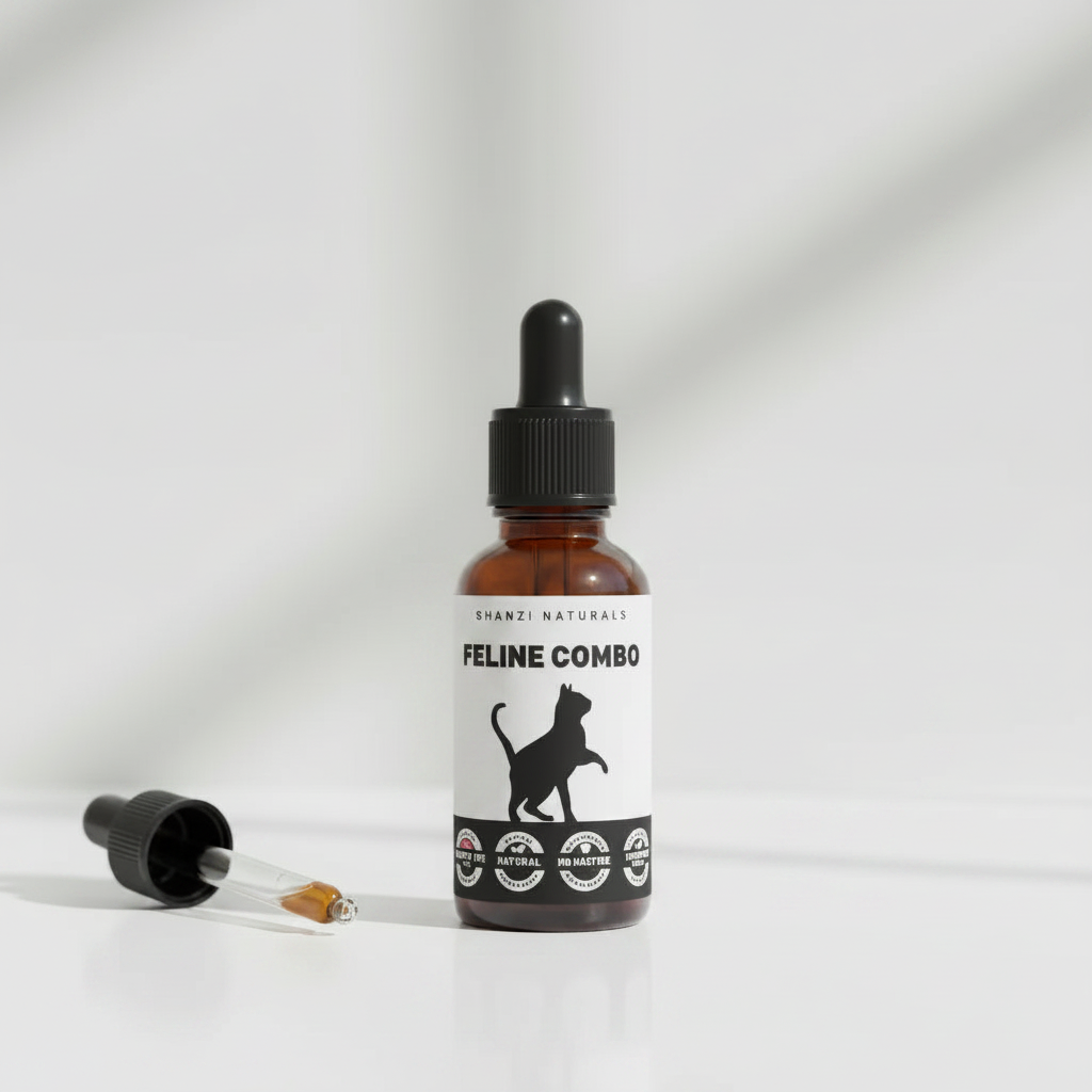 Cat wellness dropper bottle with amber liquid and black pipette tip, front view