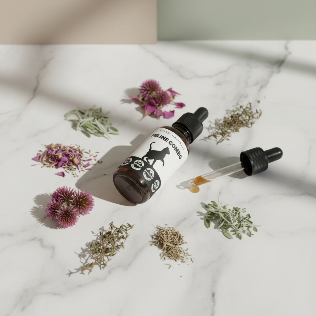 Cat wellness dropper bottle with amber liquid, shown with smaller bottle and drops