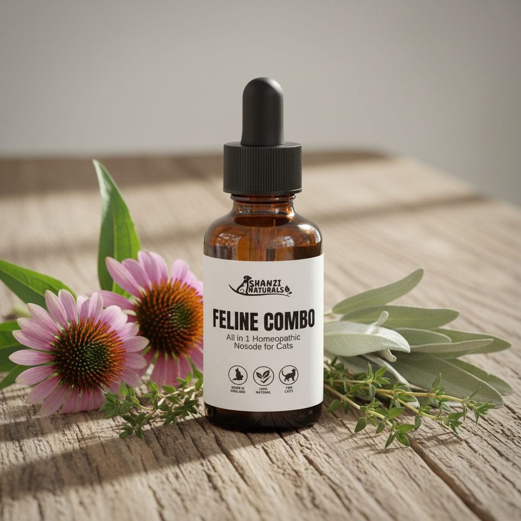Homeopathic cat nosode dropper bottle, amber glass, black dropper cap and label