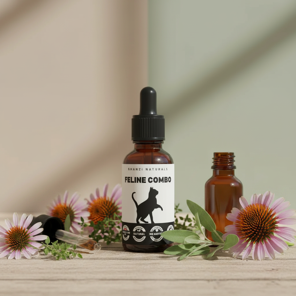 Cat wellness dropper bottle with amber liquid and black cap beside a small amber bottle