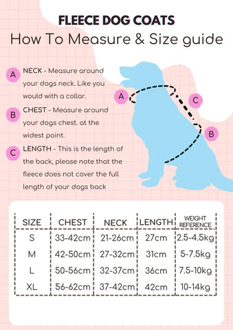 Fleece dog coat size guide chart with measuring points and weights