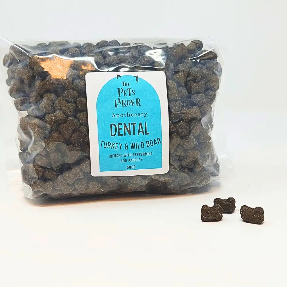 Clear pouch of dental treats with Turkey & Wild Boar label