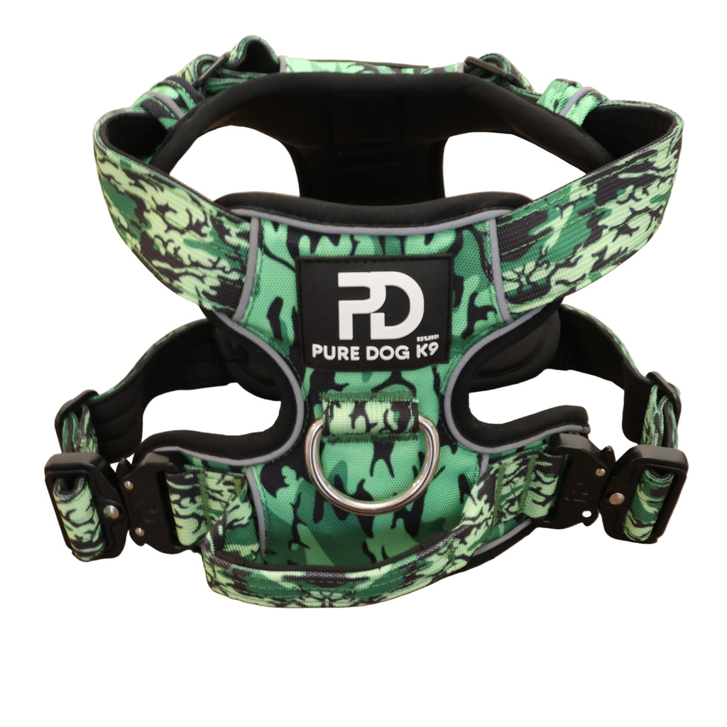 Green camo dog comfort harness with front chest strap and metal D-ring