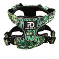 Green camo dog comfort harness with front chest strap and metal D-ring