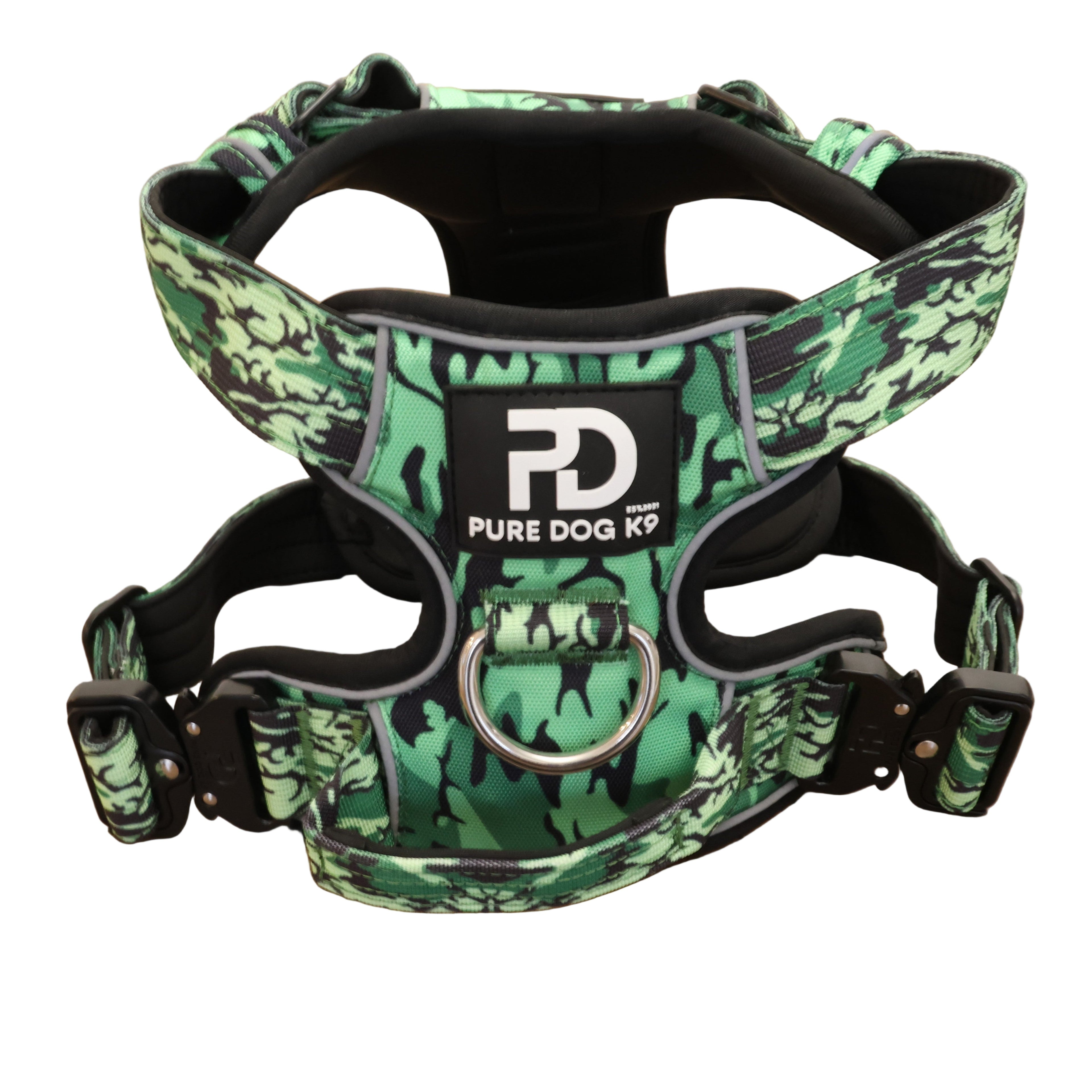 Green camo dog comfort harness with front chest strap and metal D-ring