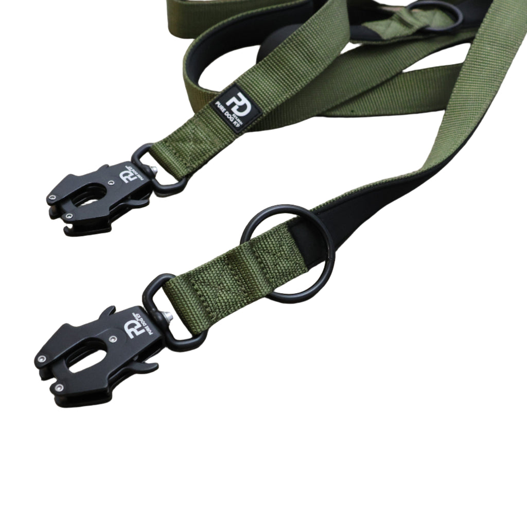 Khaki dog leash with adjustable webbing and two metal snap hooks