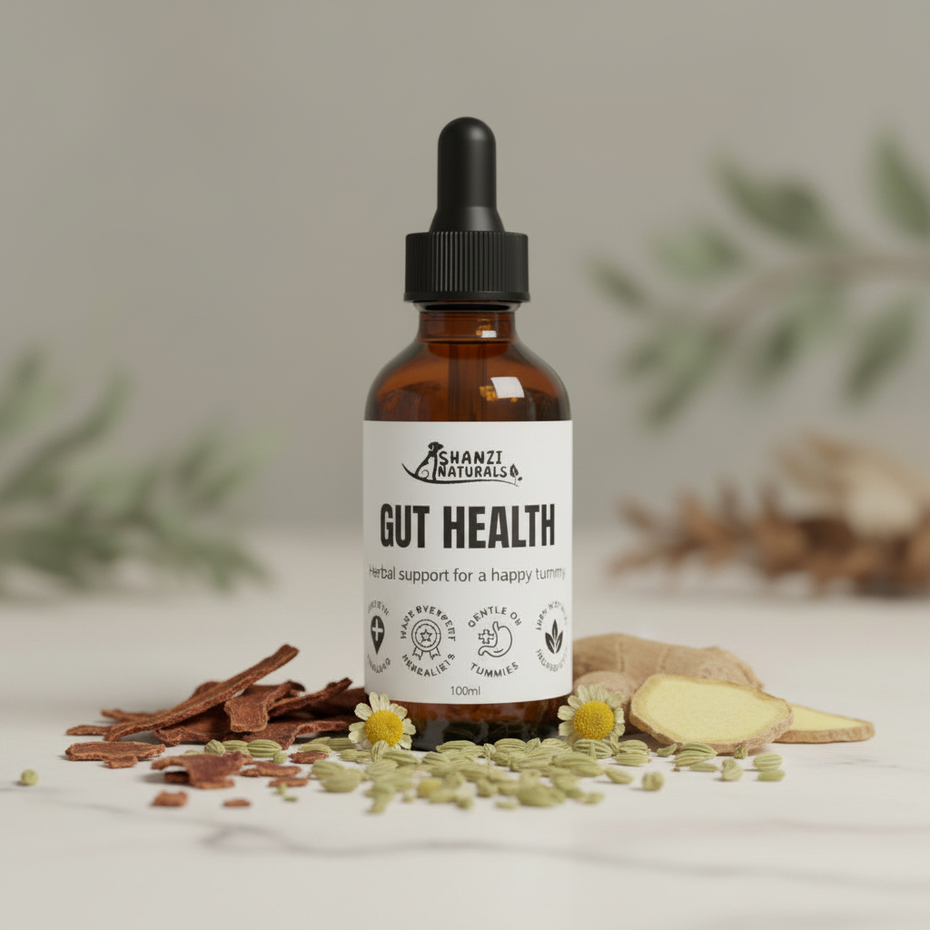 Gut Health tincture bottle with black dropper, amber glass, label shows 100ml.