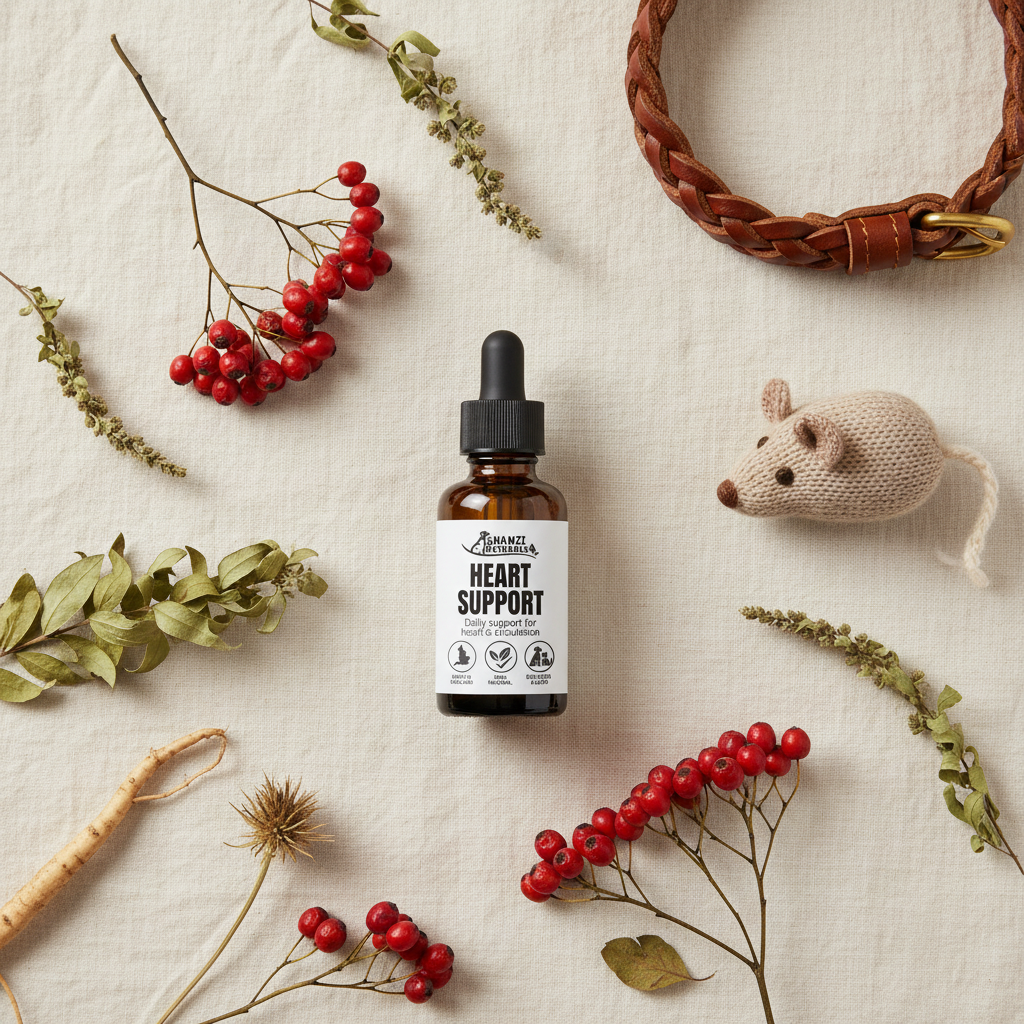 Heart Support herbal tincture bottle with dropper, amber glass, with scattered herbs