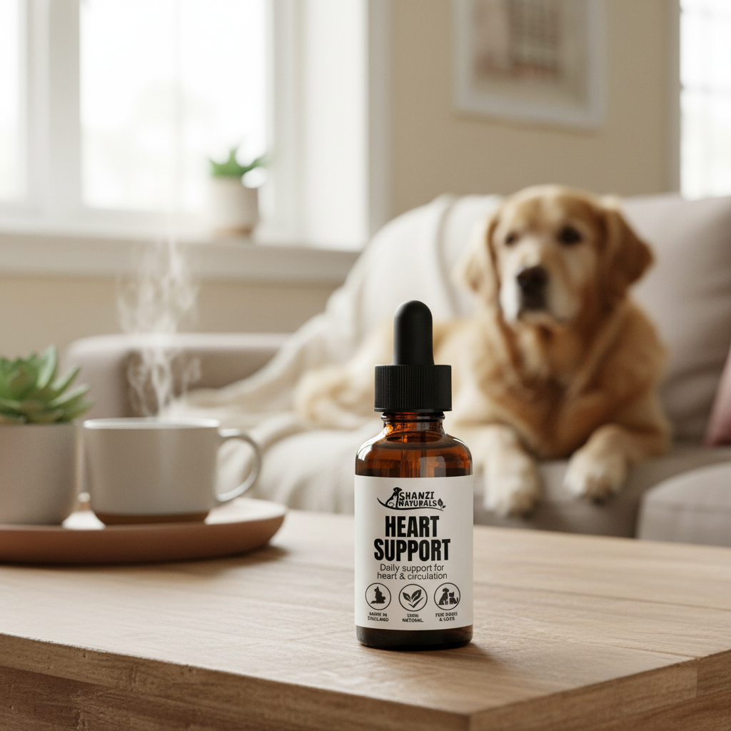 Heart Support herbal tincture bottle with dropper, amber glass, on wooden surface