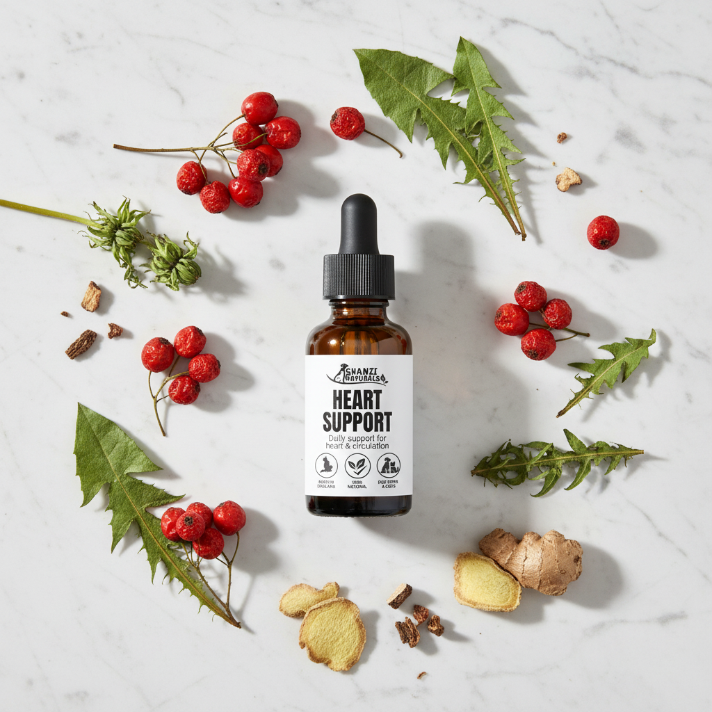 Heart Support herbal tincture bottle with dropper, amber glass, surrounded by herbs and berries