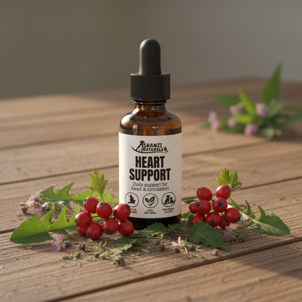 Heart Support herbal tincture bottle with dropper, amber glass, on wood with berries
