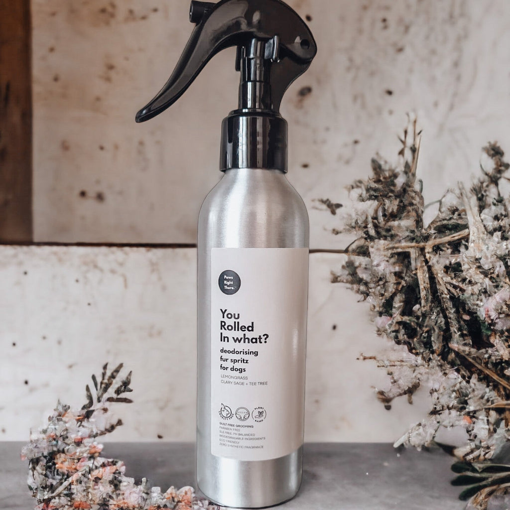 Deodorising dog fur spray bottle, silver with black trigger sprayer and front label.