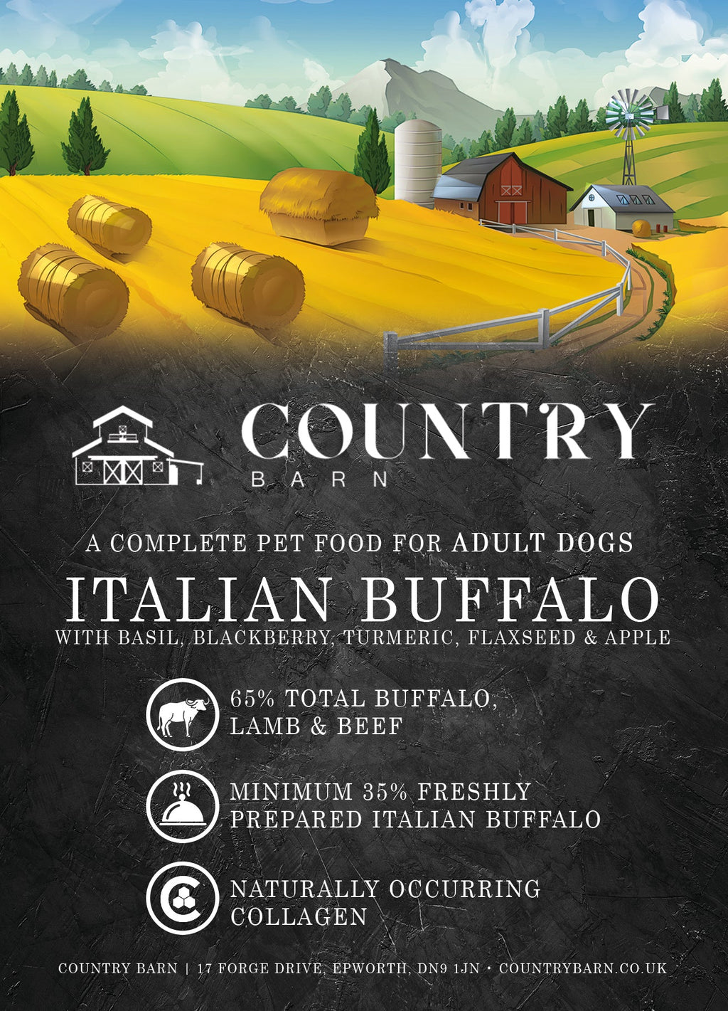 Country Barn Superfood Italian Buffalo with Basil, Blackberry, Turmeric, Flaxseed & Apple | Grain-Free Adult Dog Food