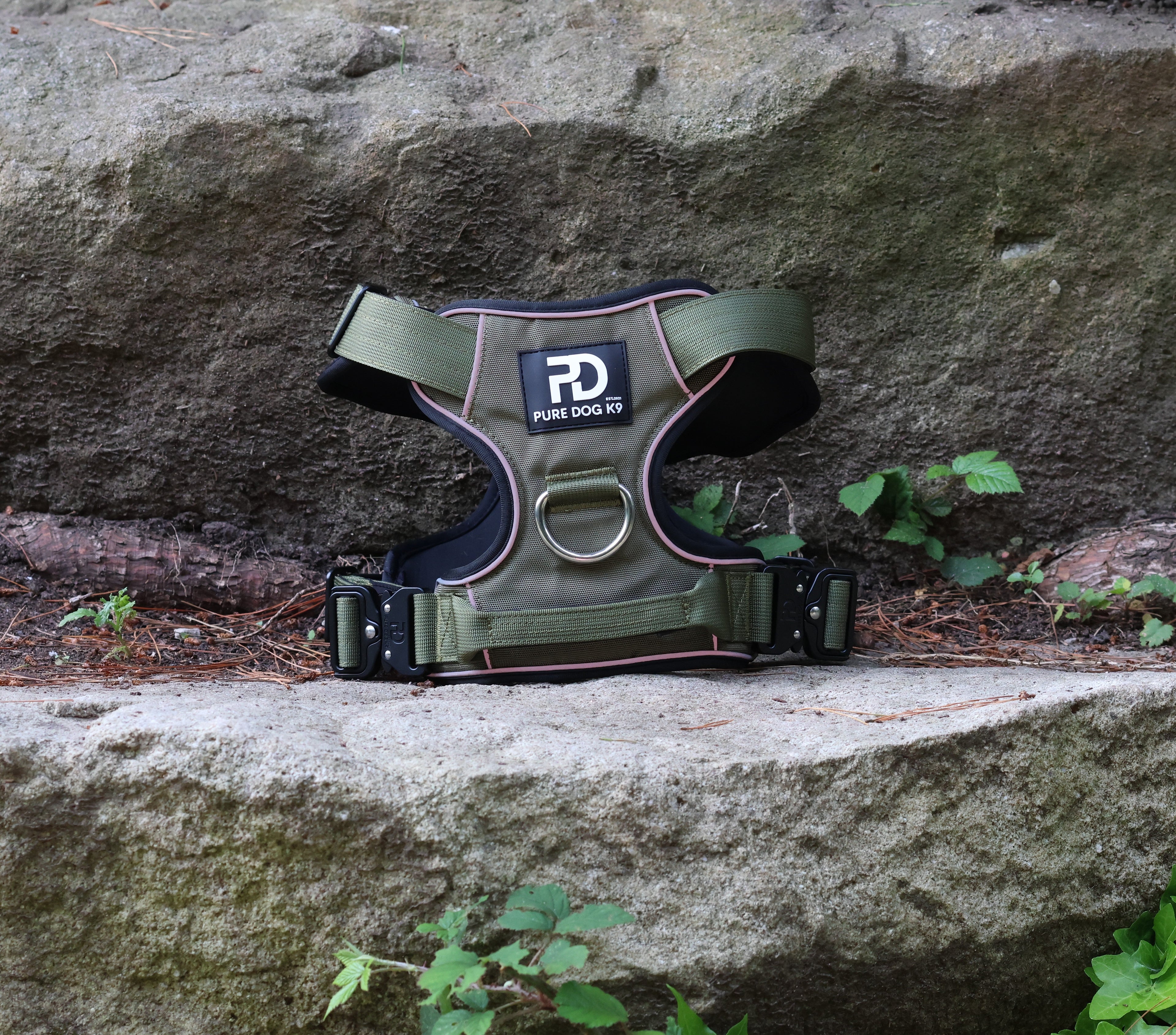 Khaki dog comfort harness with Pure Dog K9 patch, front ring, and webbing straps